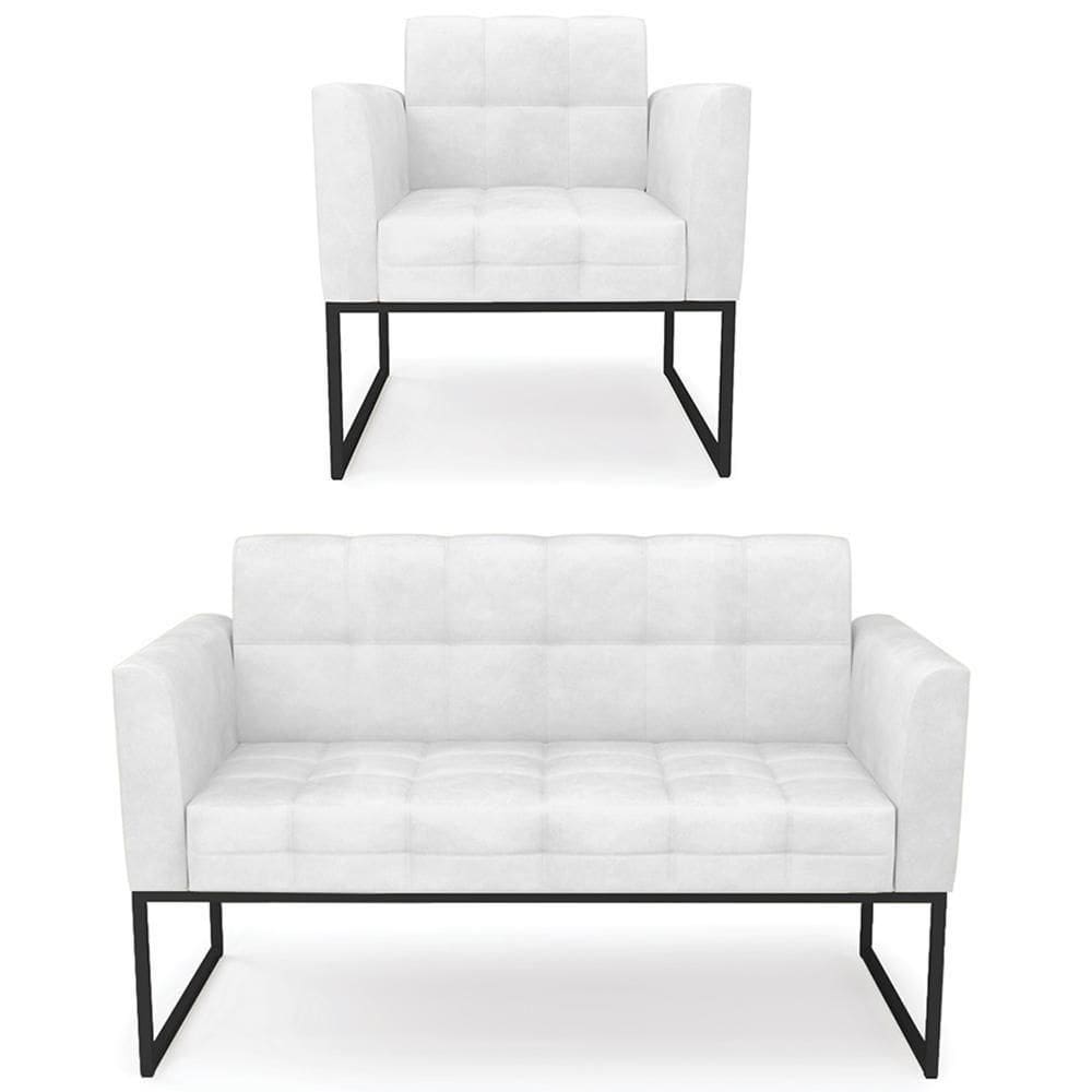 Sofá Namoradeira E 1 Poltrona Base Industrial Preto Ana Sintético Pu Branco - Ibiza