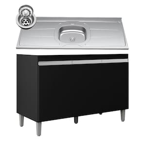 Balcão De Cozinha Com Pia Inox 120cm 3 Portas Manu Preto - Ajl Móveis