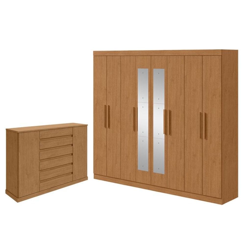 Guarda Roupa Casal Andara Soft com Espelho e Cômoda Sapateira Vedra Amêndoa Clean – Lopas