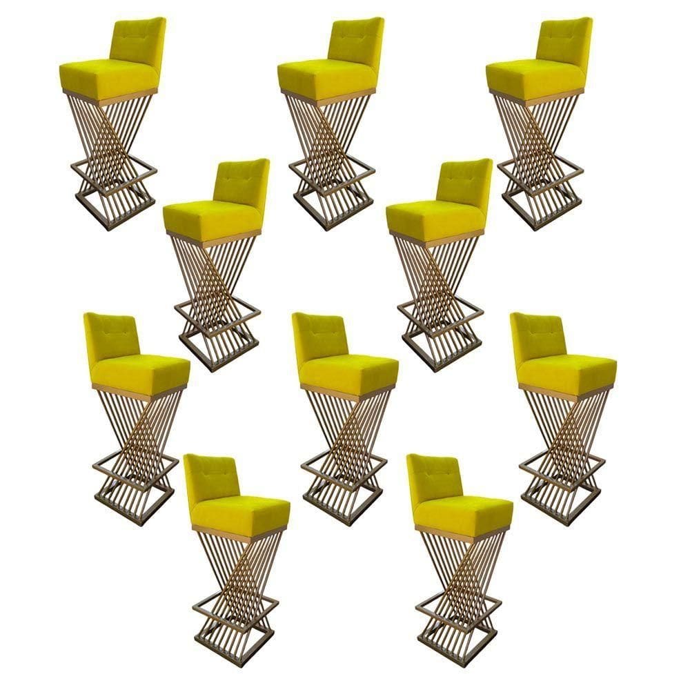 Kit 10 Banquetas Luma Base De Ferro Sued Amarelo D`classe Decor