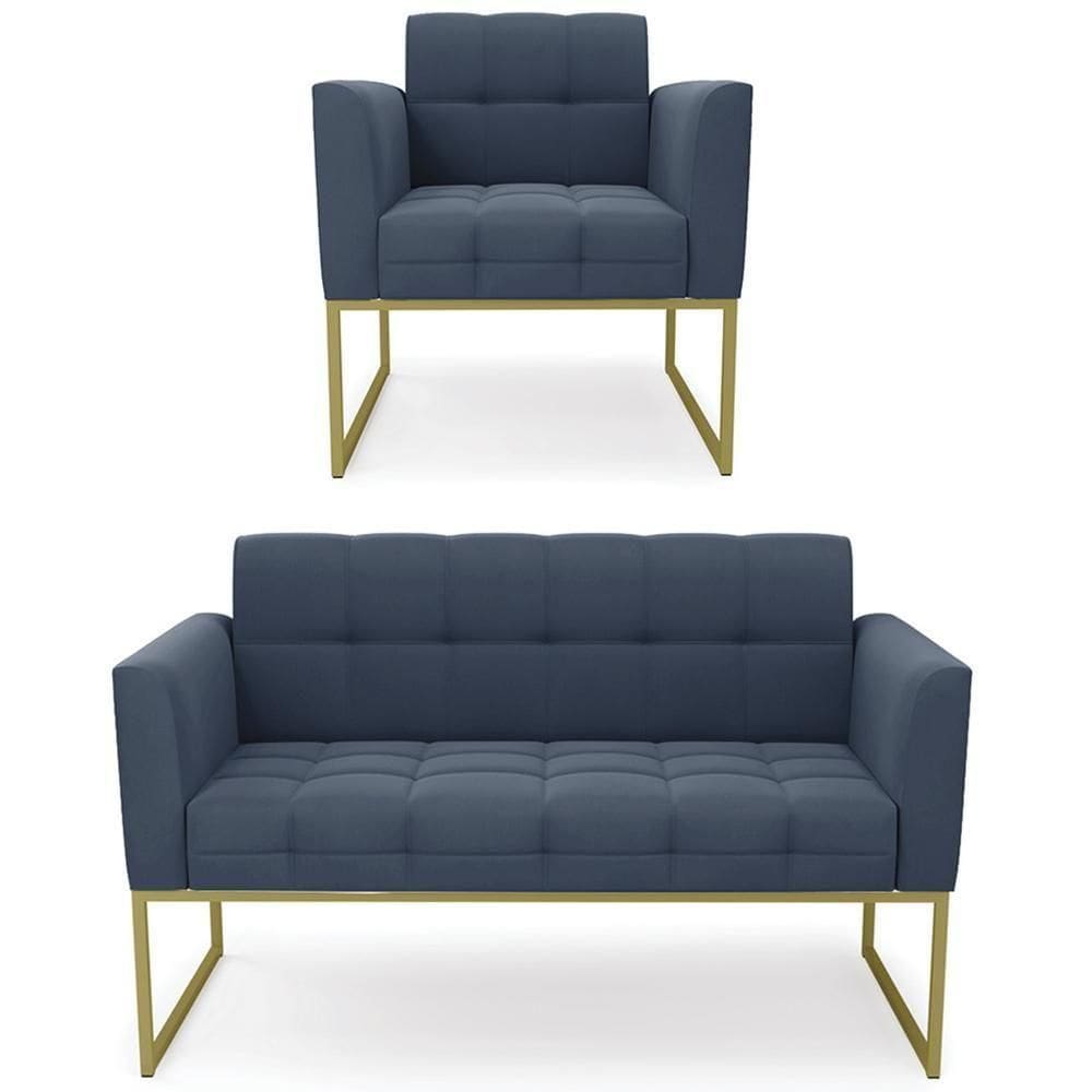 Sofá Namoradeira E 1 Poltrona Base Industrial Dourado Ana Suede Azul Marinho - Ibiza