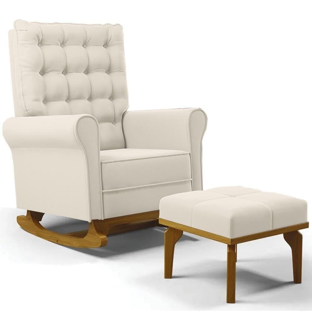 Poltrona De Amamentação Balanço E Puff Base De Madeira Brenda G05 Veludo Creme - Mpozenato