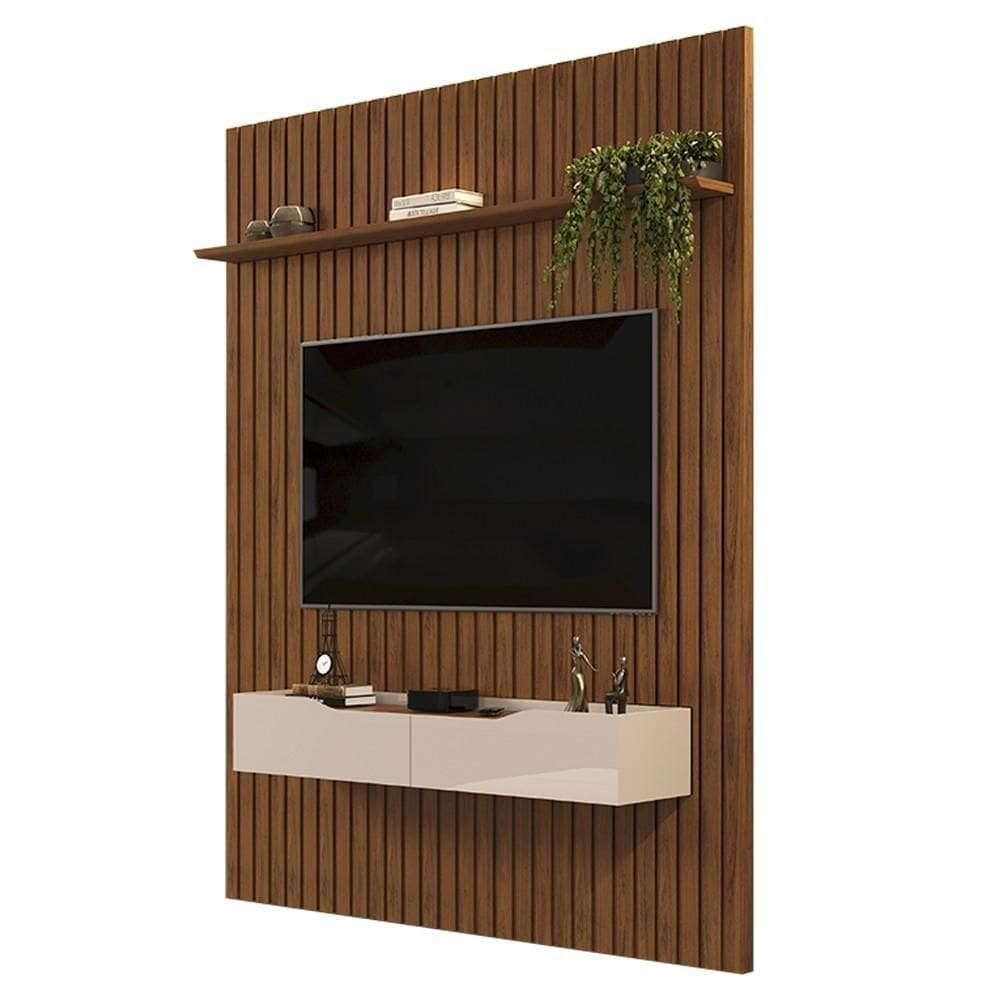 Painel Para 65 Pol Ripado Com Bancada Suspensa 183x240cm Pratisk D04 Freijó-off White - Mpozenato