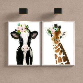 Kit 2 Quadros Animais Girafinha E Vaquinha 24X18Cm