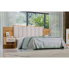 Cabeceira Para Cama De Casal Ripada Irís Estofada Com 2 Mesas De Cabeceira D` Doro Cinamomo-off White-ripado