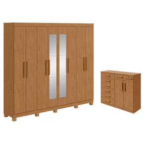 Guarda Roupa Casal Andara Soft com Espelho e Pés e Cômoda Sapateira Toronto Amêndoa Clean – Lopas