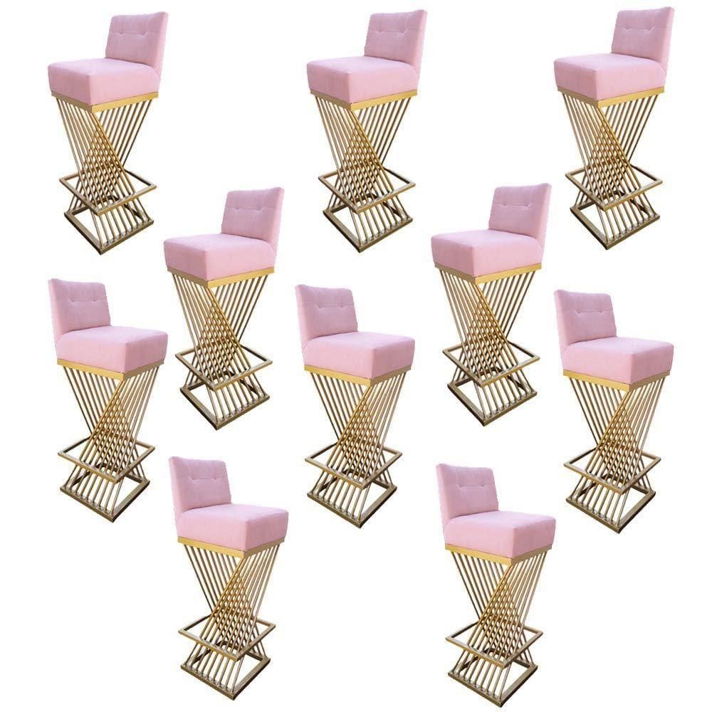 Kit 10 Banquetas Luma Base De Ferro Sued Rosa Bebê D`classe Decor