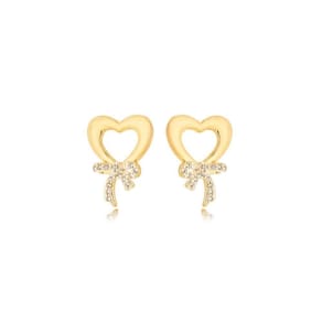Brinco Coração Com Laço Cravejado Banhado A Ouro 18k
