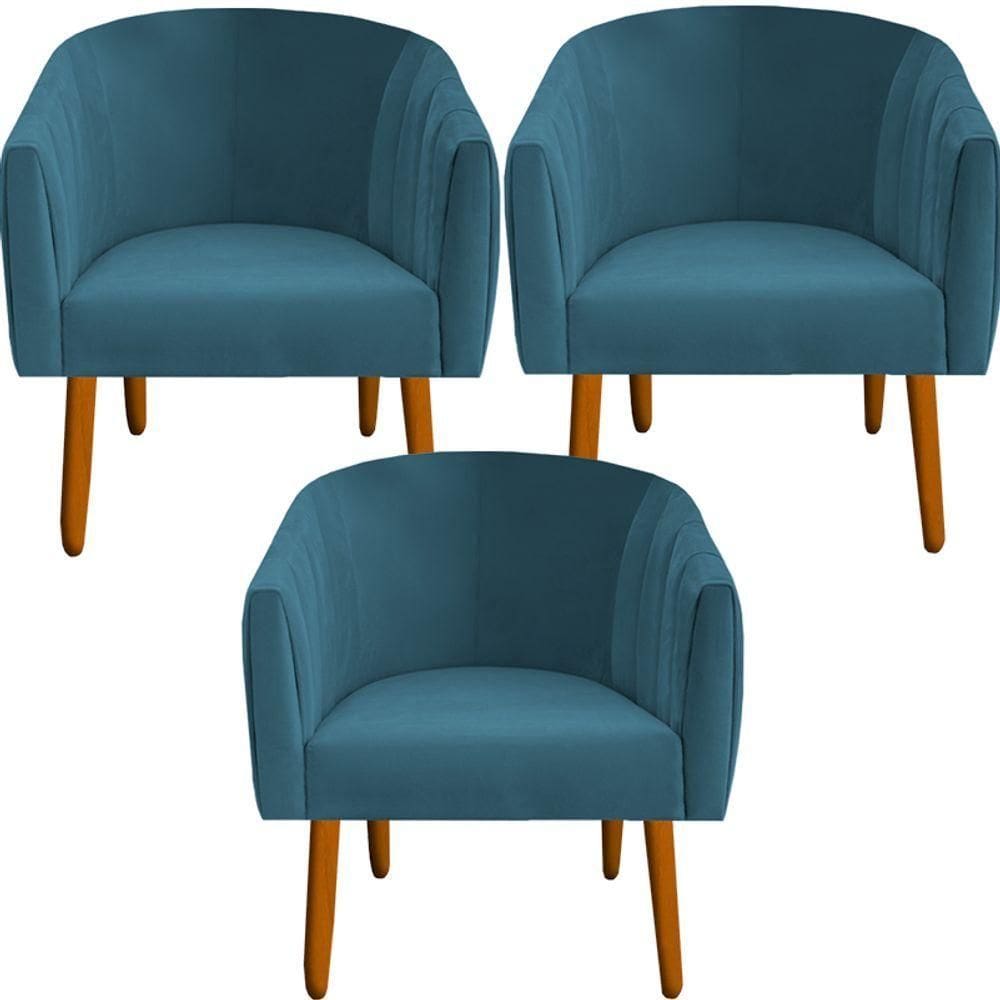 Kit 03 Poltrona Julia Decoração Salão Cadeira Escritório Recepção Estar Amamentação Suede Azul Tiffany D`classe Decor