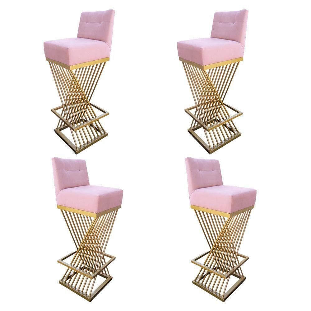 Kit 04 Banquetas Luma Base De Ferro Sued Rosa Bebê D`classe Decor