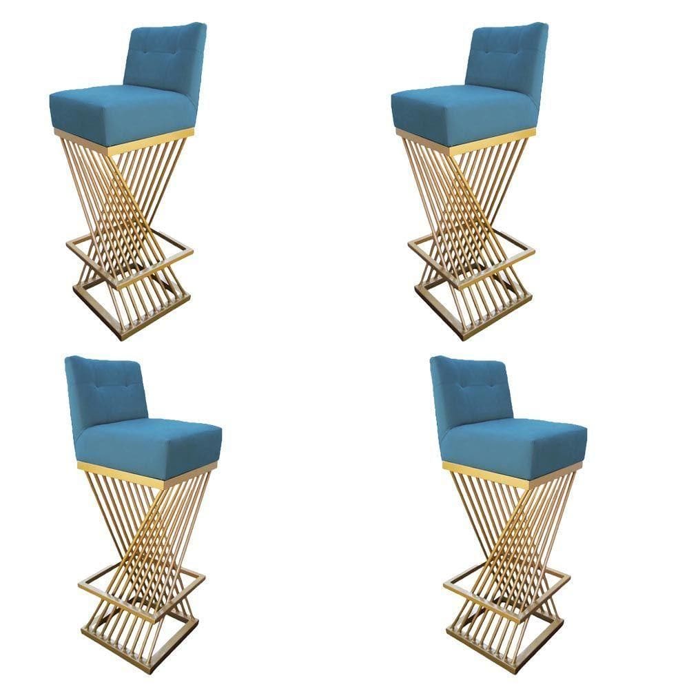 Kit 04 Banquetas Luma Base De Ferro Sued Azul Tiffany D`classe Decor