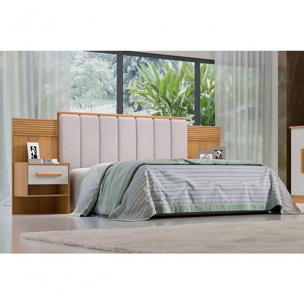 Cabeceira Para Cama Queen Size Ripada Irís Estofada Com 2 Mesas De Cabeceira D` Doro Cinamomo-off White-ripado