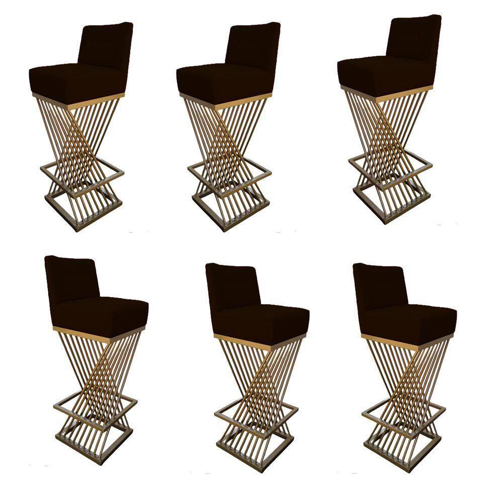 Kit 06 Banquetas Luma Base De Ferro Sued Marrom D`classe Decor