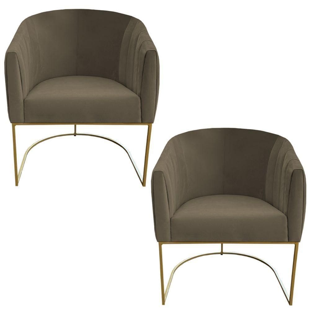 Kit 02 Poltrona Julia Com Base De Ferro Sala De Estar Escritório Recepção Clinica Suede Marrom Rato D`classe Decor
