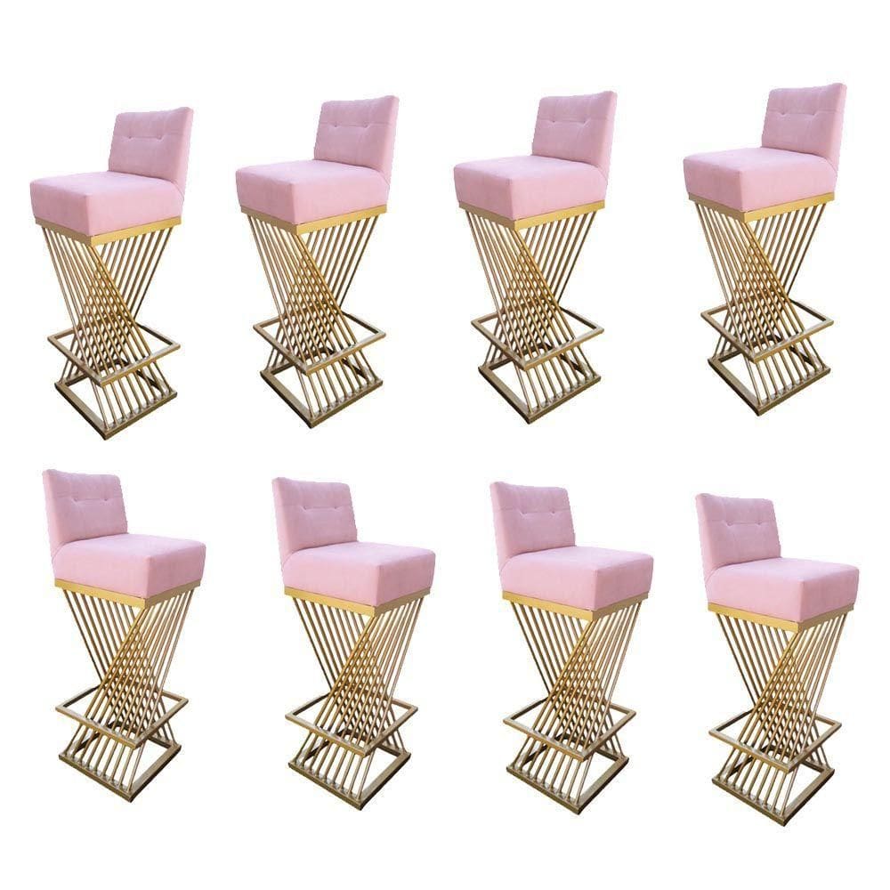 Kit 08 Banquetas Luma Base De Ferro Sued Rosa Bebê D`classe Decor