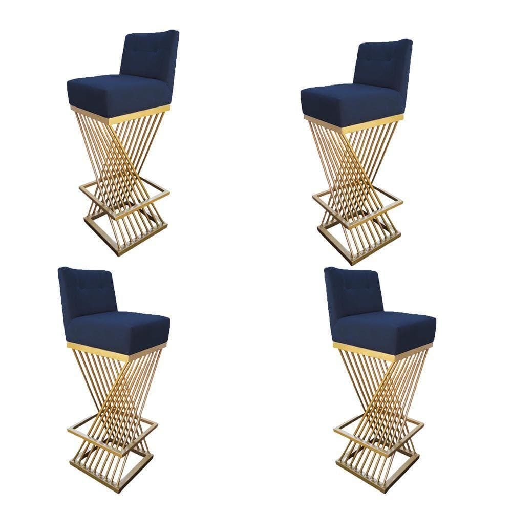 Kit 04 Banquetas Luma Base De Ferro Sued Azul Marinho D`classe Decor