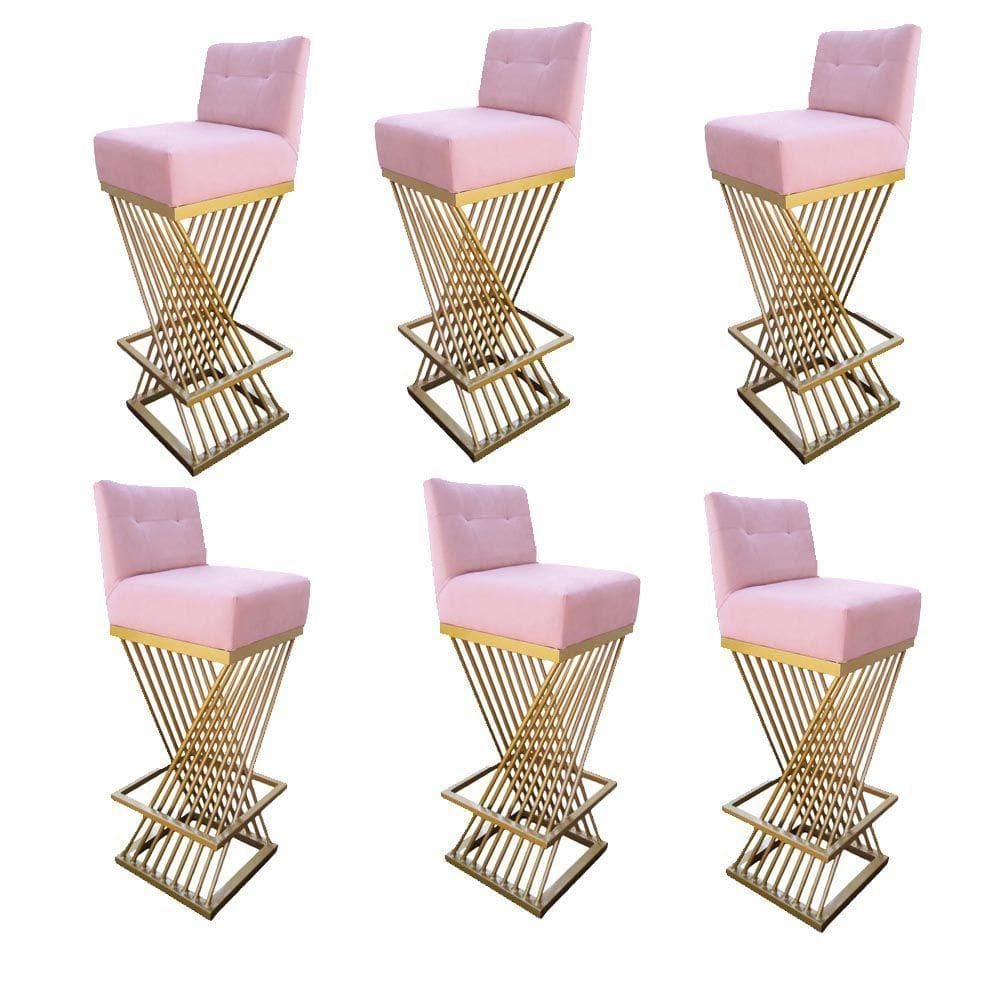 Kit 06 Banquetas Luma Base De Ferro Sued Rosa Bebê D`classe Decor