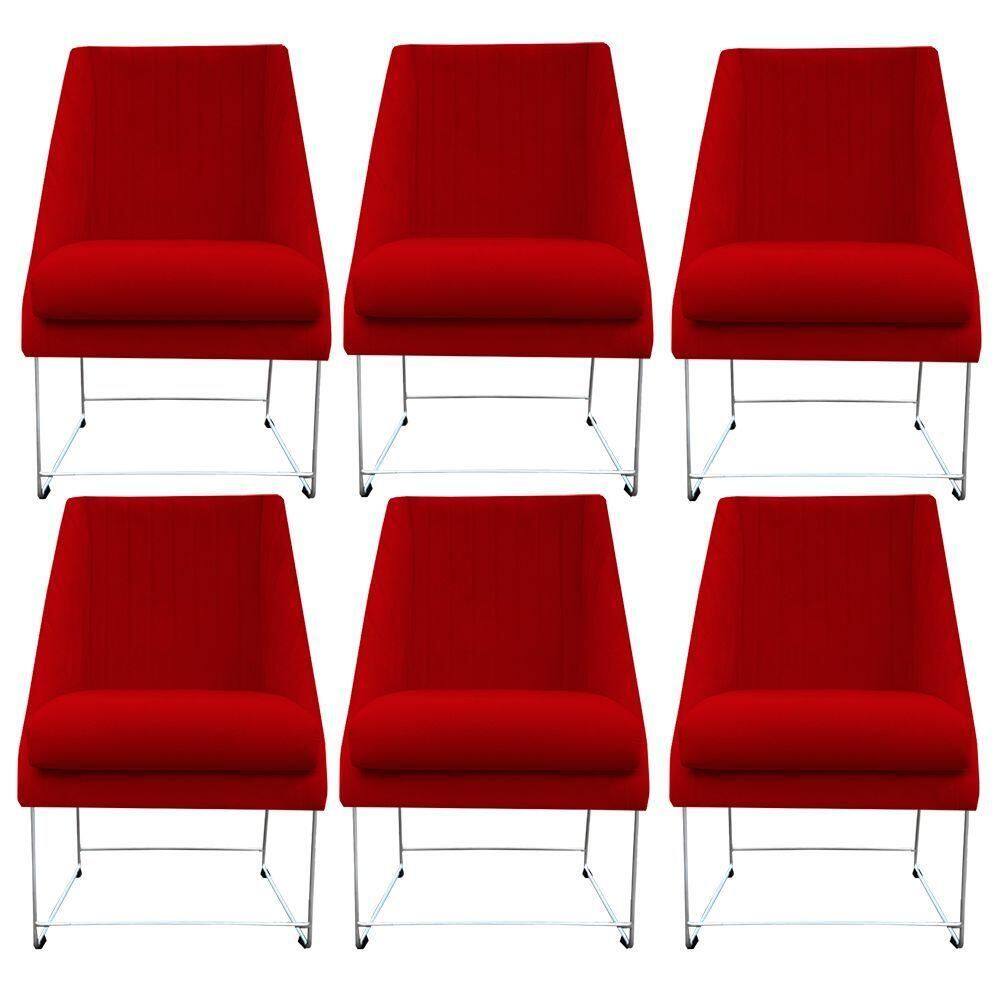 Kit 06 Cadeiras Ana Base De Ferro Prata Suede Vermelho D`classe Decor