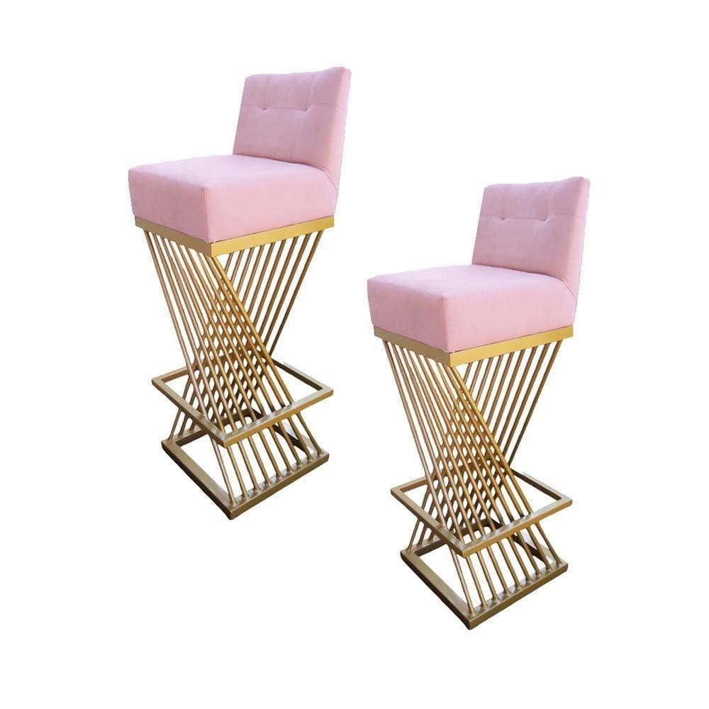 Kit 02 Banquetas Luma Base De Ferro Sued Rosa Bebê D`classe Decor