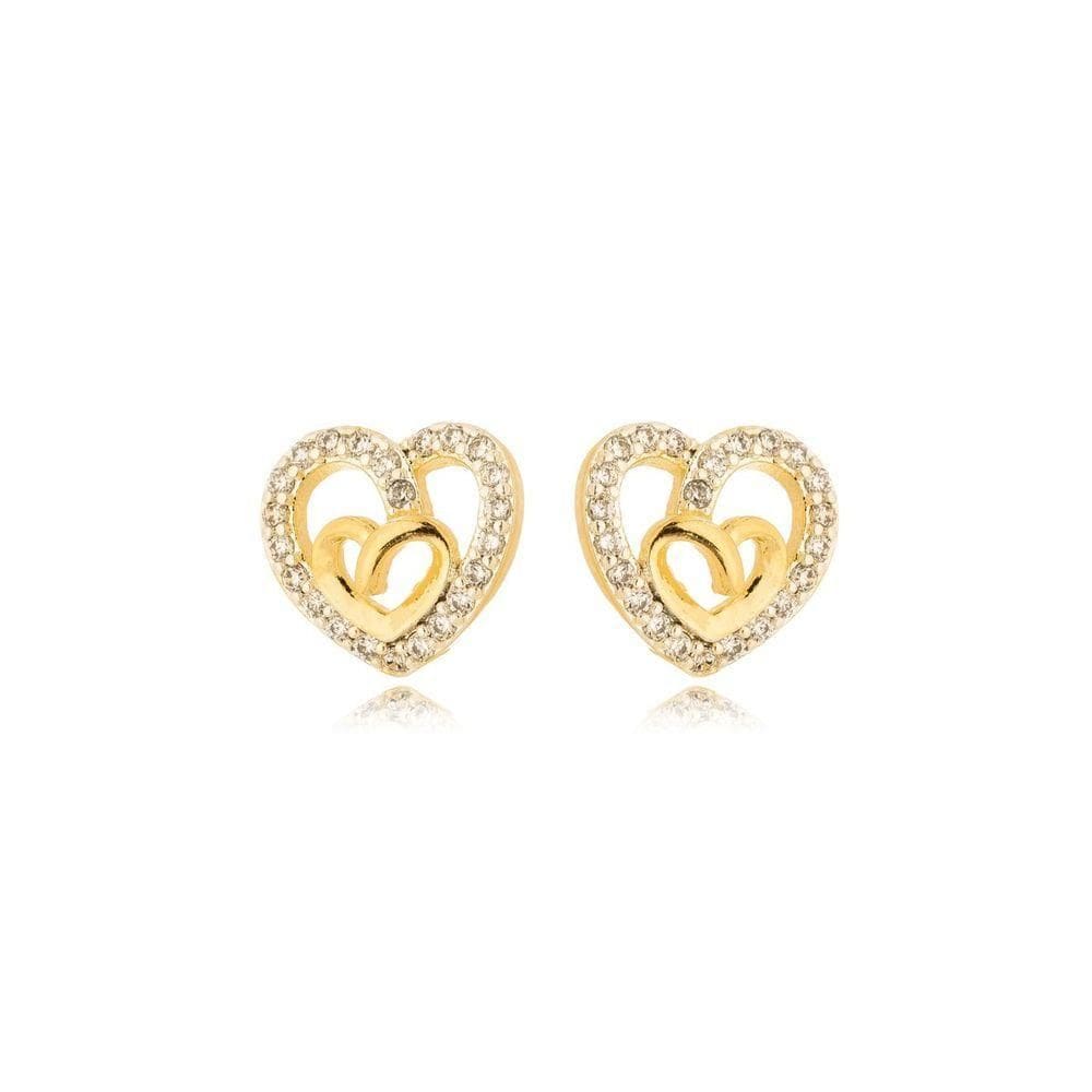 Brinco Coração Cravejado Banhado A Ouro 18k