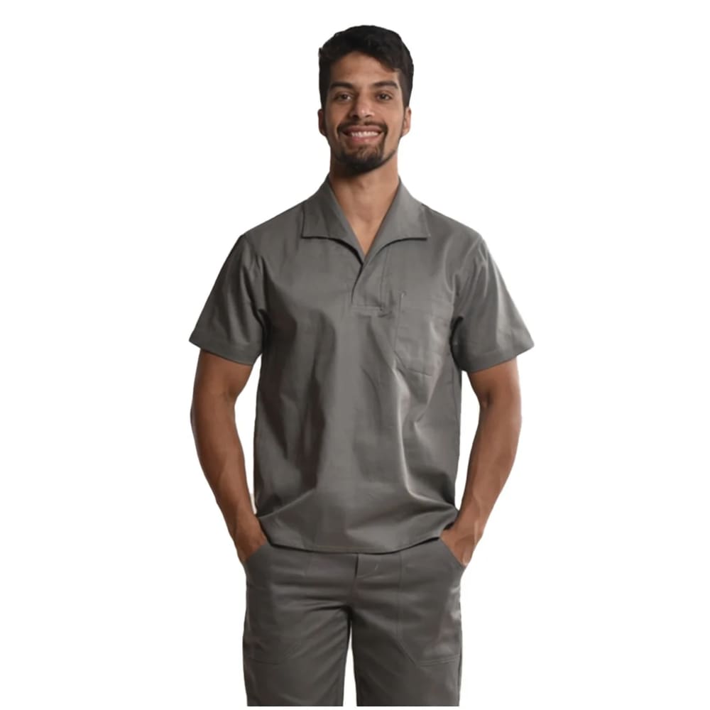 Camisa Profissional Fechada Mangas Curtas Gola Italiana Cinza