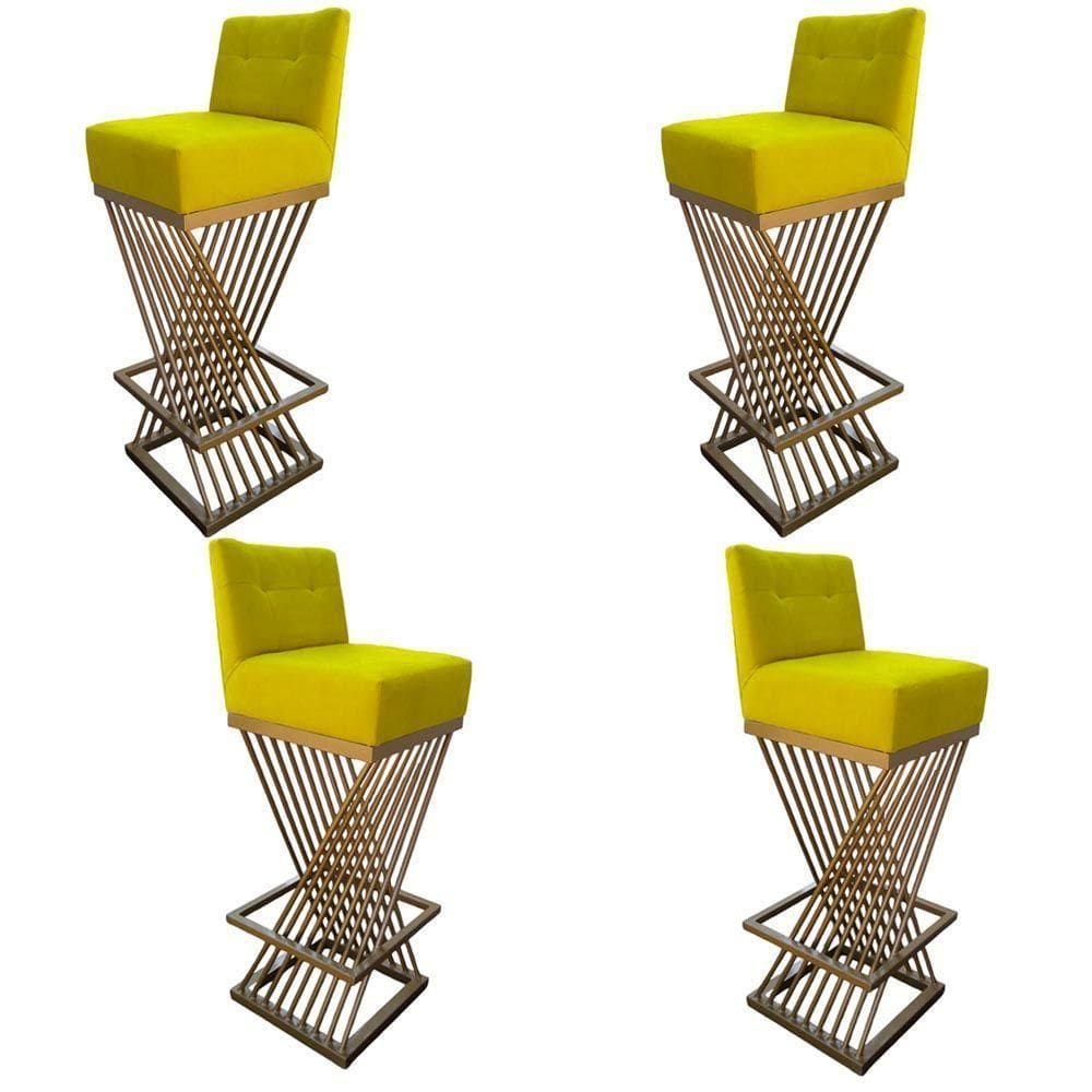 Kit 04 Banquetas Luma Base De Ferro Sued Amarelo D`classe Decor
