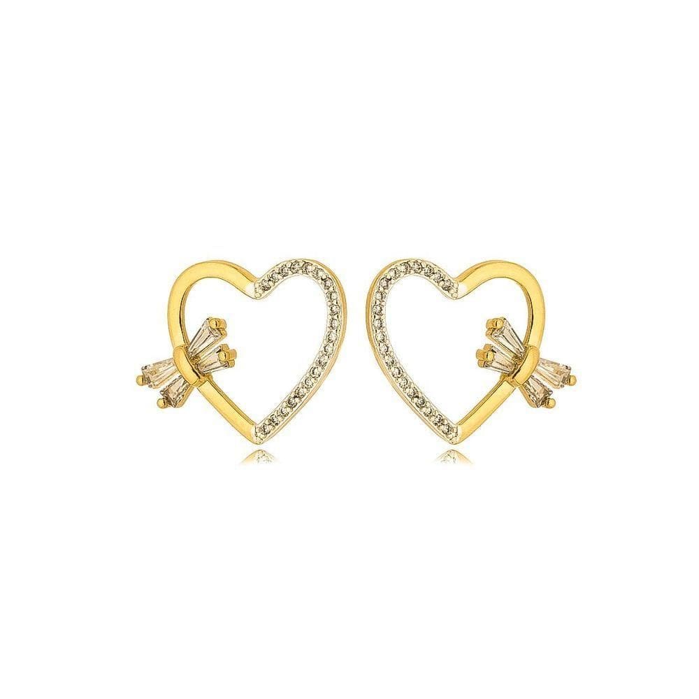 Brinco Coração Lateral Cravejada E Detalhe Banhado A Ouro 18k