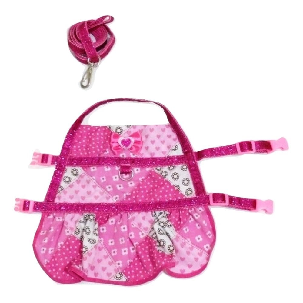 Vestido peitoral com guia cachorro estampado rosa tamanho P