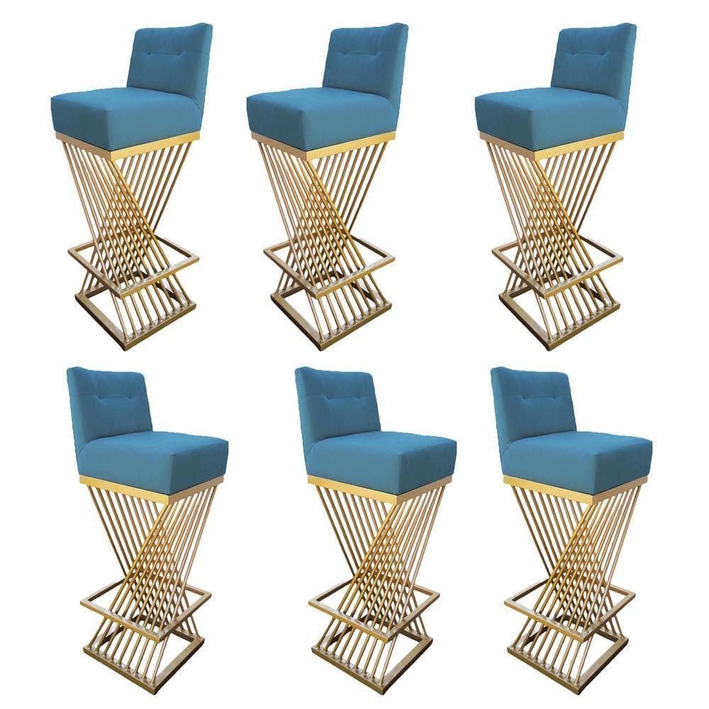Kit 06 Banquetas Luma Base De Ferro Sued Azul Tiffany D`classe Decor