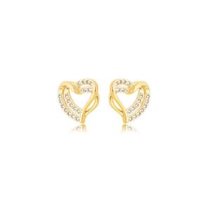 Brinco Coração Duplo Cravejado Banhado A Ouro 18k
