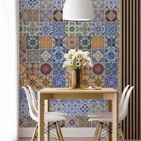 Papel De Parede Adesivo Azulejo Azul E Laranja - 3,0M