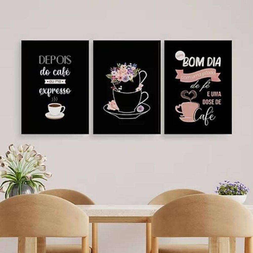 Kit 3 Quadros Café Com Uma Pitada De Fé 45X34Cm Vidro Preta
