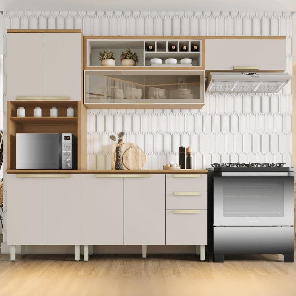 Cozinha Completa Itatiaia 270cm 4 Peças com Vidro Off White New Porto