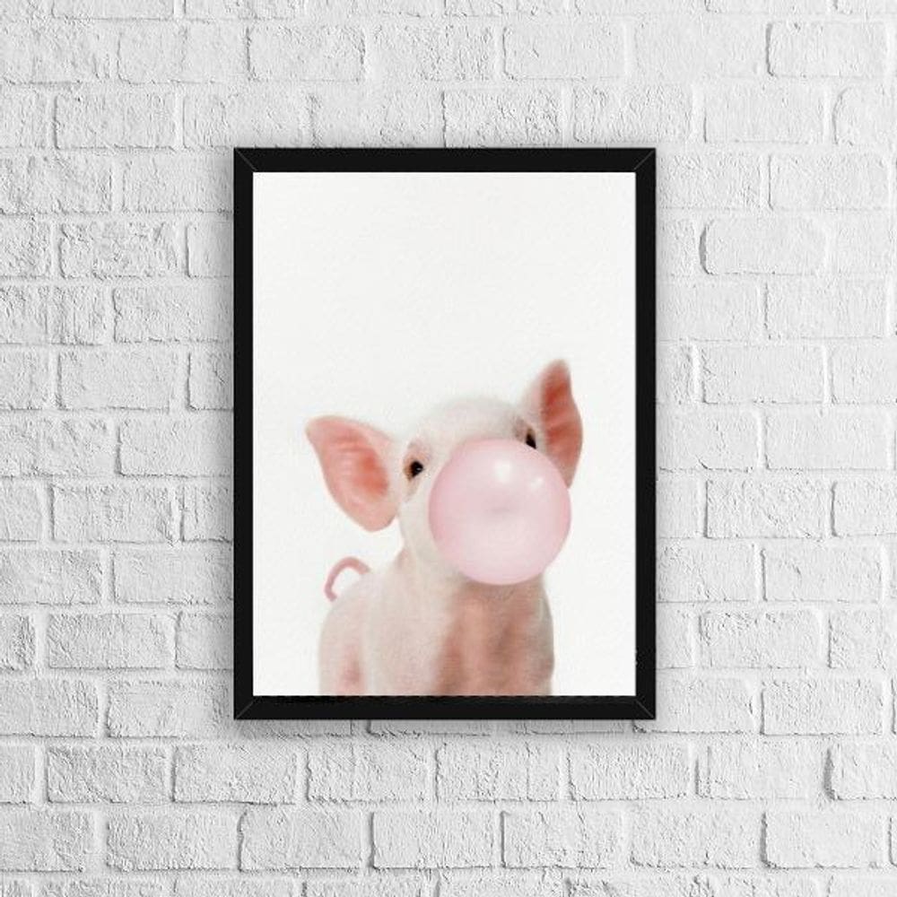 Quadro Porquinho Chicletes 33X24Cm - Com Vidro Moldura Preta