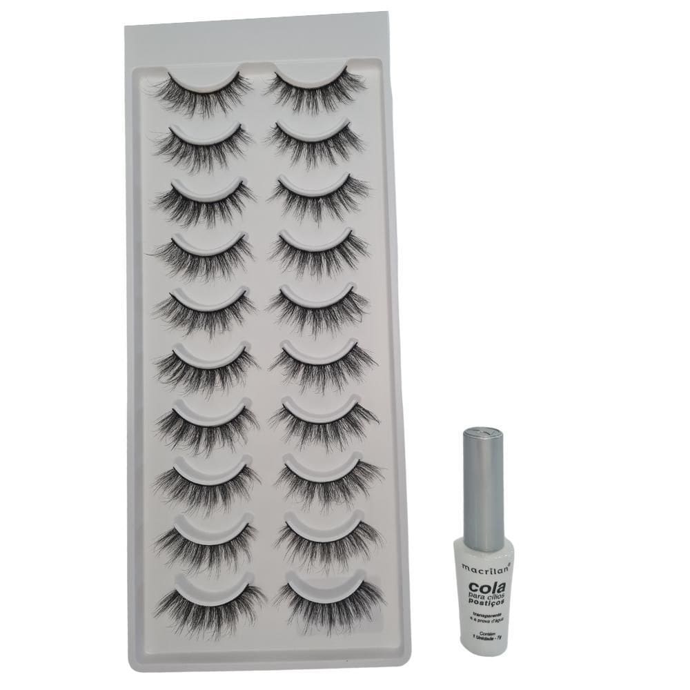 Kit Macrilan Cola Cílios Postiços+Cílios 3D 10 Pares 8D008