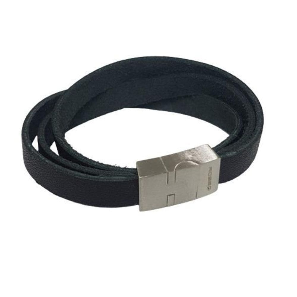 Bracelete Rosso 20Cm Couro 3 Tiras Preto Fecho Steel Fosco