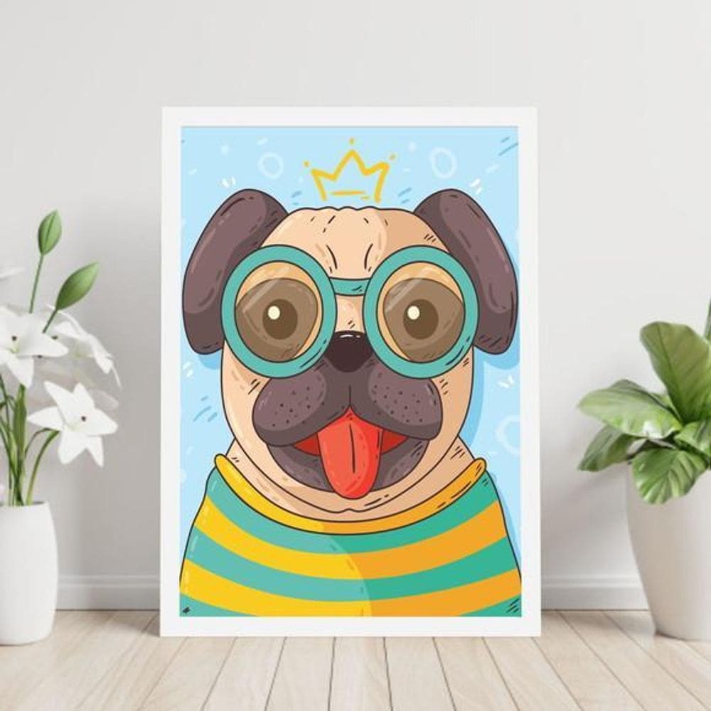 Quadro Pug De Óculos 33X24Cm - Com Vidro
