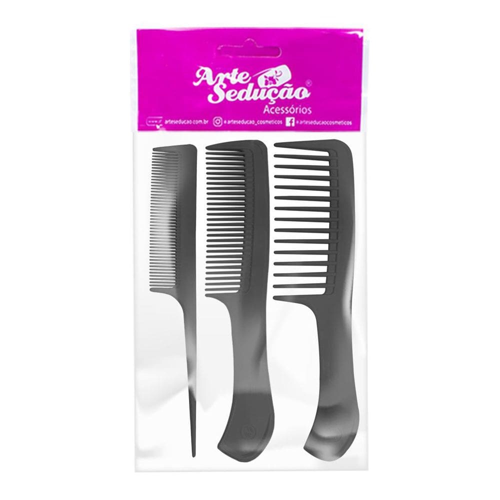 Kit 3 Pentes Plástico Cabelos Pequeno Médio Grande Preto