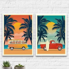 Kit 2 Quadros Decorativos Carros Na Praia 33X24Cm - Branca