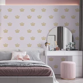 Kit 7 Rolos Papel De Parede Adesivo Rosa Coroa Dourada 3,0M