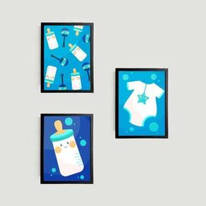 Kit 3 Quadros Infantis Mamadeiras Azuis 45X34 Vidro Preta