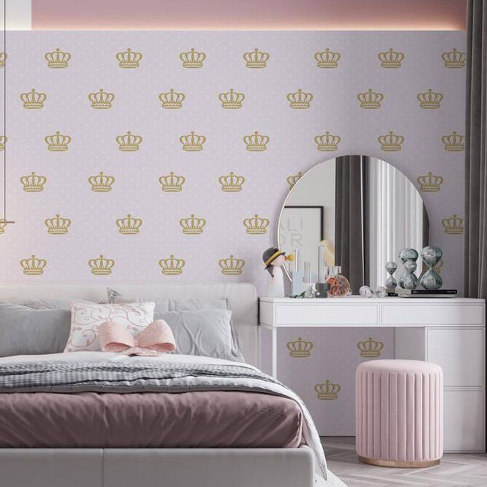 Kit 9 Rolos Papel De Parede Adesivo Rosa Coroa Dourada 3,0M