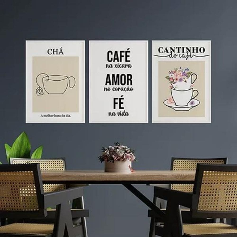 Kit 3 Quadros Cantinho Chá E Café 24X18Cm - Madeira Branca
