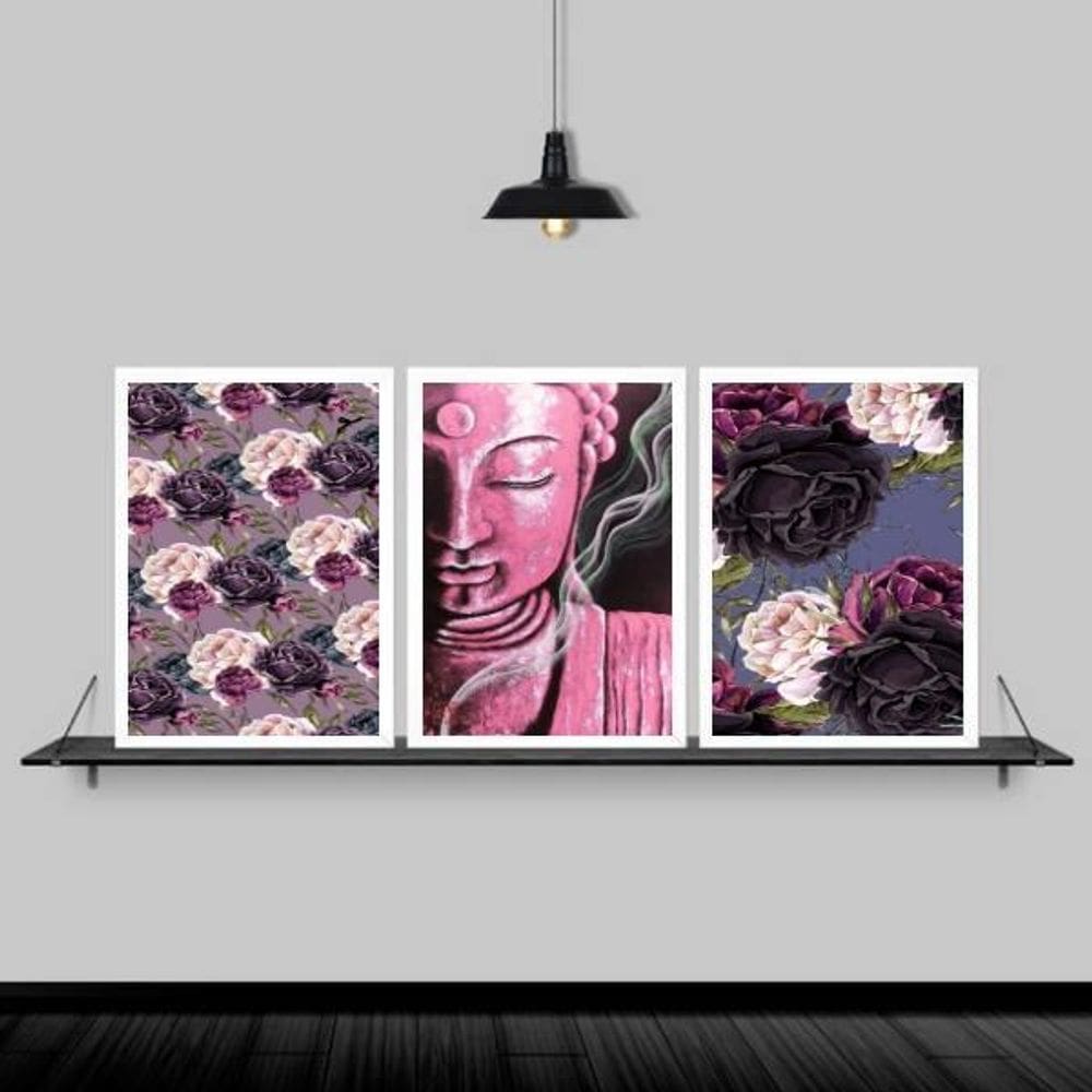 Kit 3 Quadros Buda Rosa Flores 33X24Cm Moldura Branca