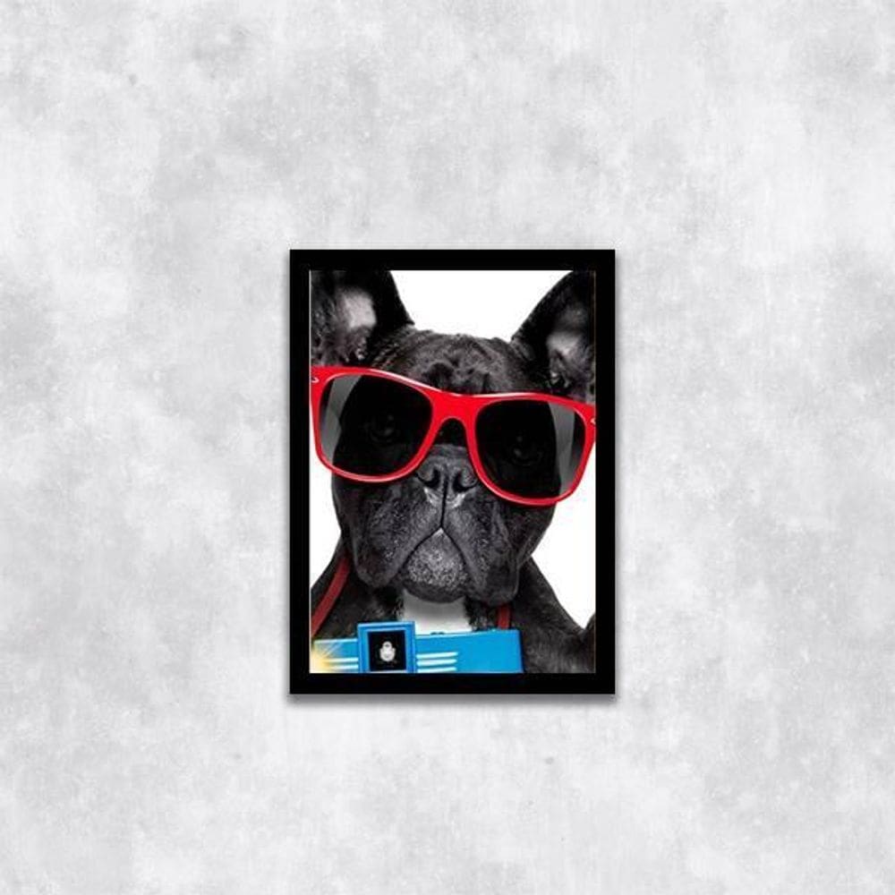 Quadro Bulldog Francês Férias 33X24Cm - Vidro Moldura Preta