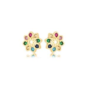 Brinco Flor Colorida Banhada A Ouro 18k