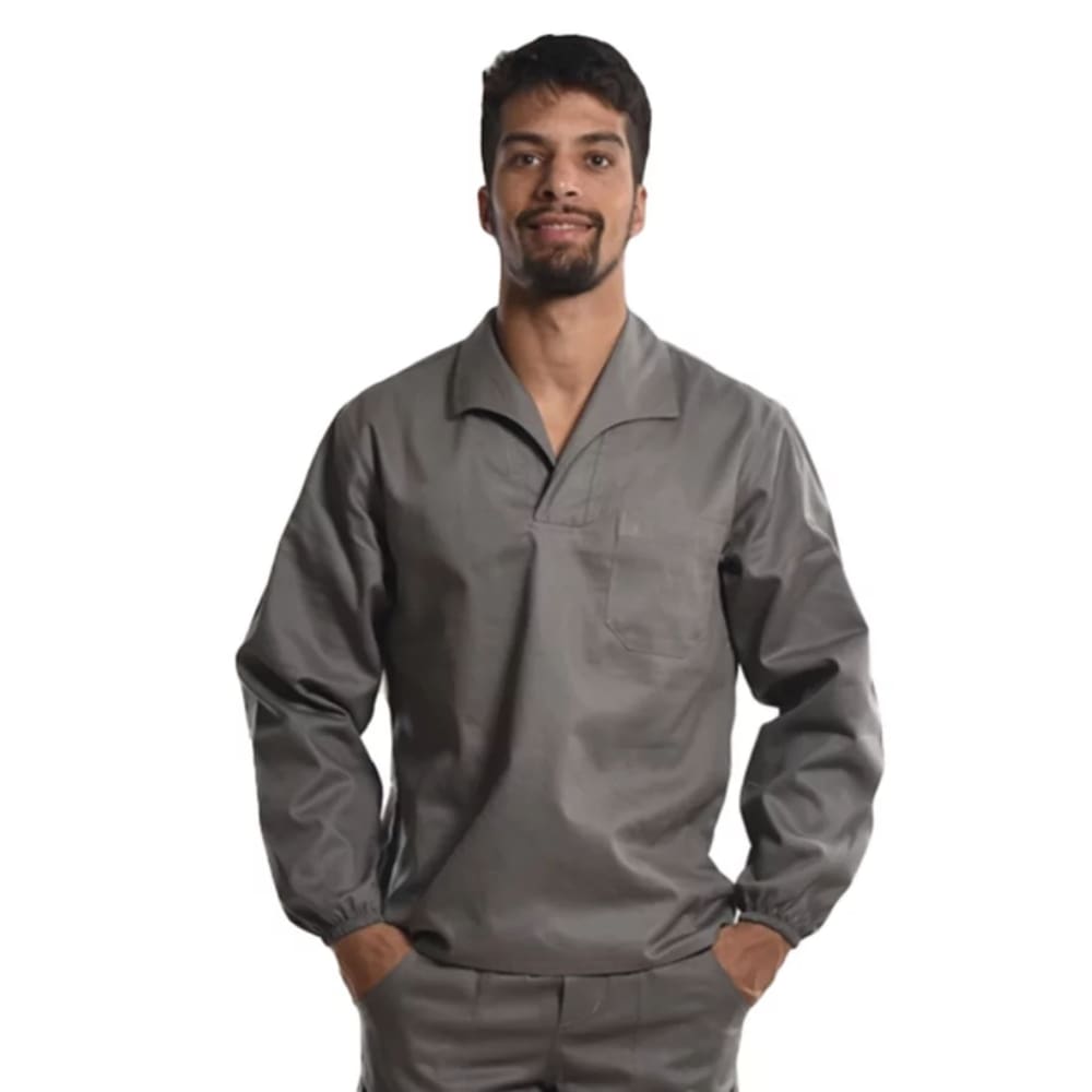 Camisa Profissional Fechada Mangas Longas Gola Italiana Elástico Punhos Cinza