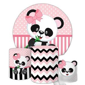 Painel Redondo E Capas Tecido Sublimado Panda Rosa Fkpc-788