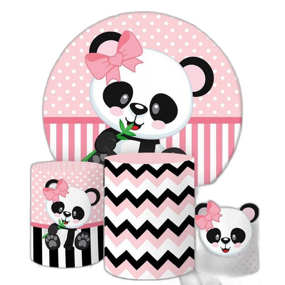 Painel Redondo E Capas Tecido Sublimado Panda Rosa Fkpc-788