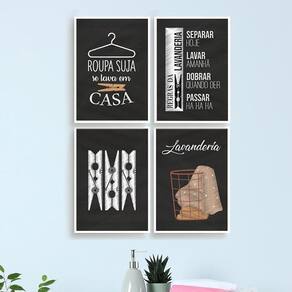 Kit 4 Quadros Decorativo Lavanderia Giz 33X24Cm Branca